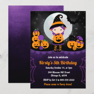 Invitation Fille de sorcière mignonne et citrouilles Fête d'a