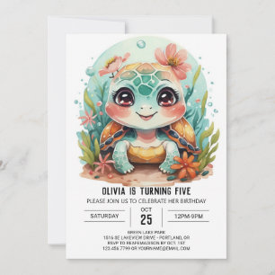 Invitation Fille de tortue aquatique personnalisée Anniversai