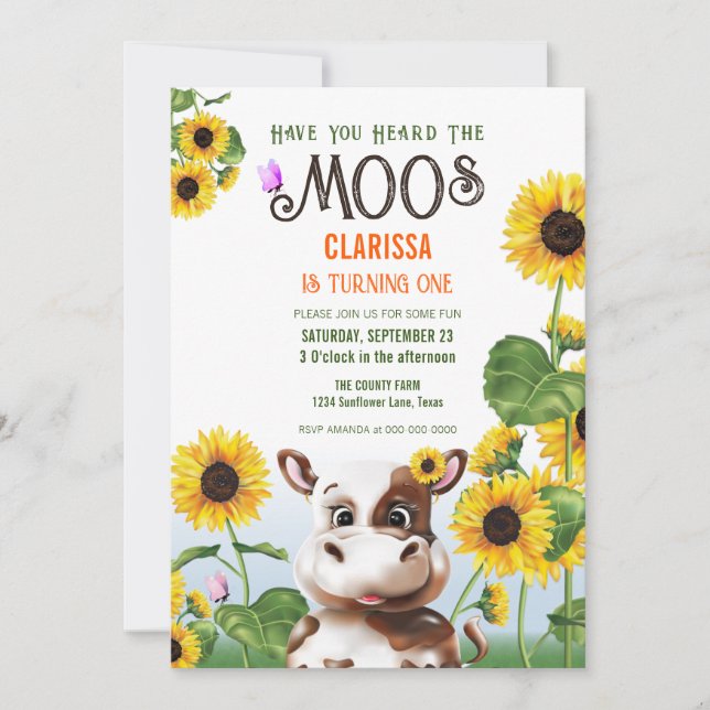 Invitation Fille de Tournesol de vache premier anniversaire (Devant)