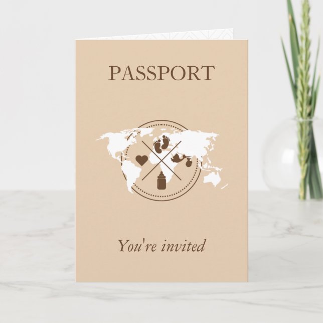 Invitation Fille de voyage au passeport beige Baby Shower Car (Devant)