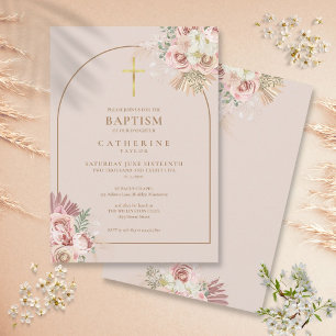 Invitation Fille d'herbe de Pampas en or rose Baptême Christe
