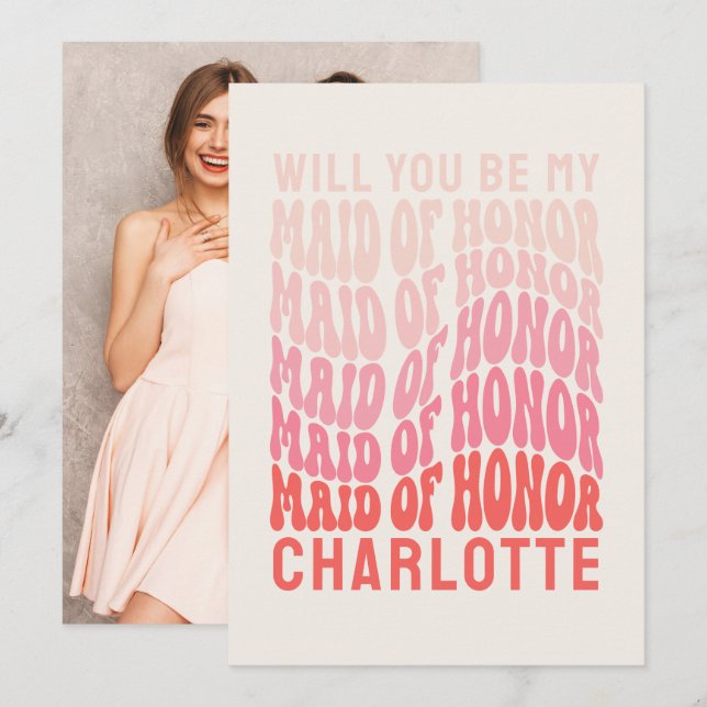 Invitation Fille d'honneur rose moderne girly rétro 60's simp (Devant / Derrière)