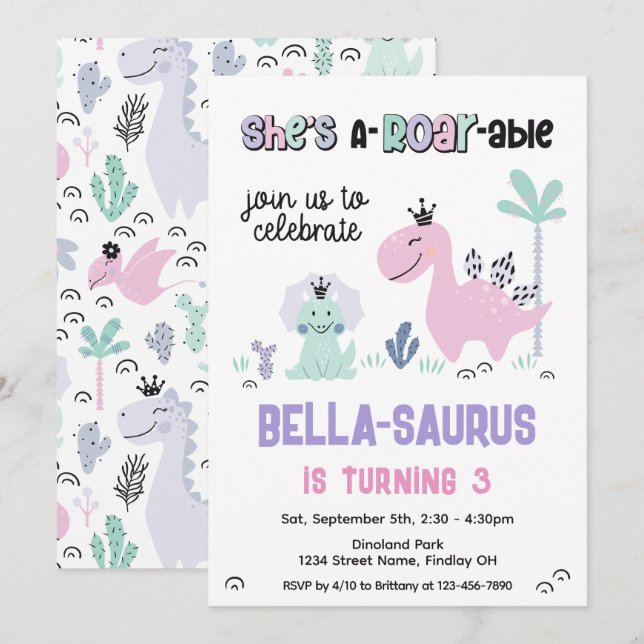 Invitation Fille Dinosaure Fête d'Anniversaire A-Roar N'impor (Devant / Derrière)