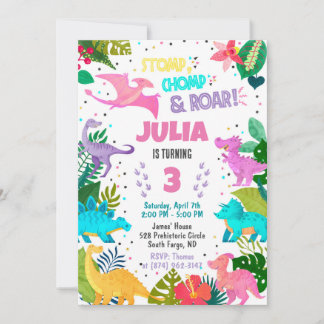 Invitation fille dinosaure rose