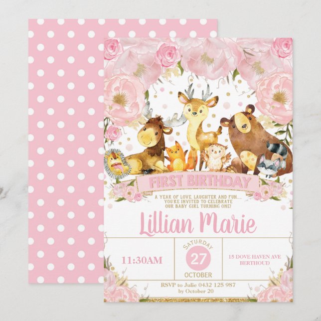 Invitation Fille d'invitation d'anniversaire d'animaux de (Devant / Derrière)