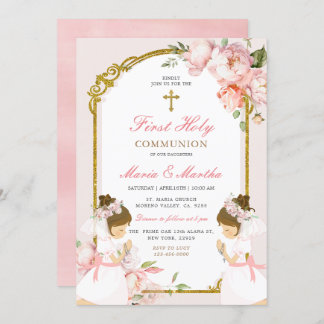 Invitation Fille DOUCE Priant Première Sainte Communion Rose