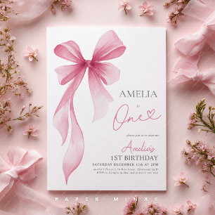 Invitation Fille du 1er anniversaire avec un ruban rose Coque