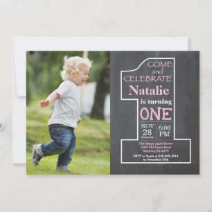 Invitation Fille du 1er anniversaire Photo sur tableau craie