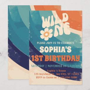 Invitation Fille du 1er anniversaire Rétro Groovy Daisy Wild