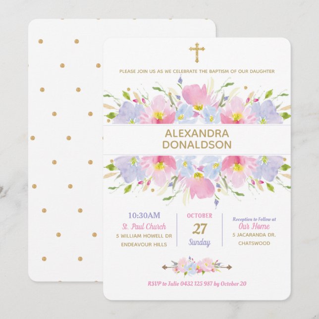 Invitation Fille du baptême floral (Devant / Derrière)