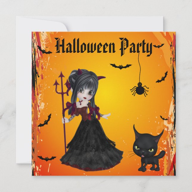Invitation Fille du diable, Pitchfork & Cat Halloween (Devant)