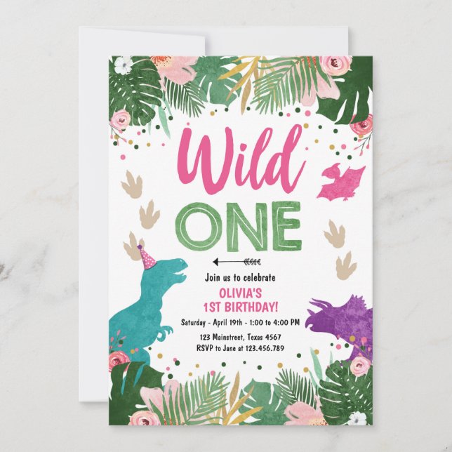 Invitation Fille d'une Dino sauvage Dinosaure rose Anniversai (Devant)