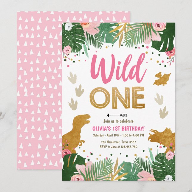 Invitation Fille d'une Dino sauvage Dinosaure rose Anniversai (Devant / Derrière)