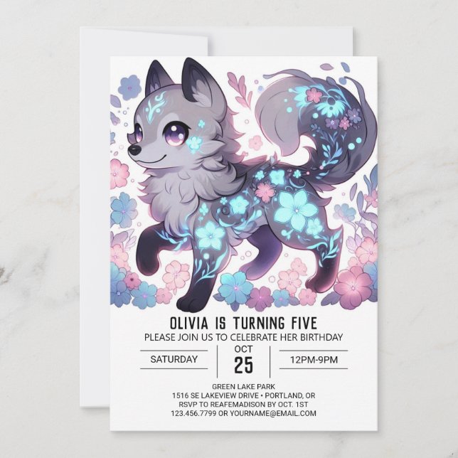 Invitation Fille Editable Wolf Digital Anniversaire (Devant)