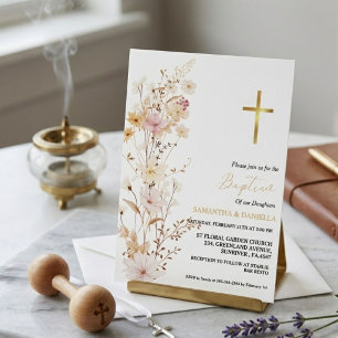 Invitation Fille Élégante aux Fleurs Sauvages Double Baptême