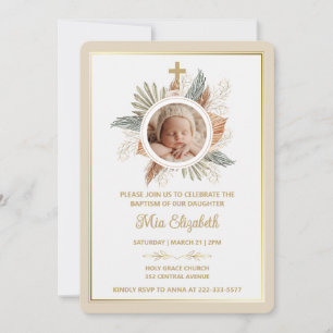 Invitation Fille élégante Baptême Verdure Croix Photo