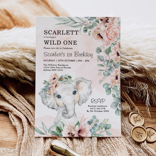 Invitation Fille Eléphant 1er anniversaire Blush Floral Eucal (Créateur téléchargé)