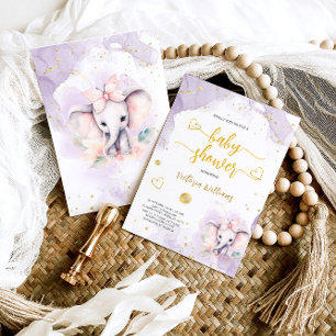 Invitation Fille Eléphant au Papillon Lilac Baby Shower