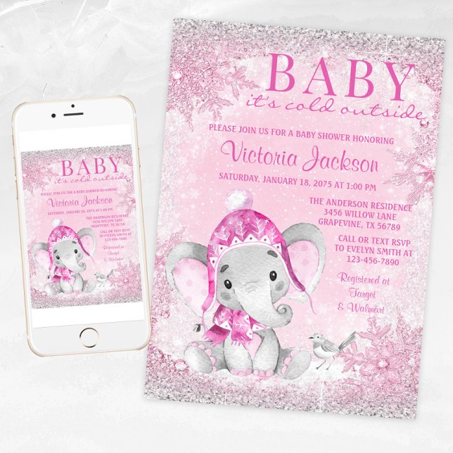 Invitation Fille Elephant Baby son Baby shower extérieur froi (Baby it's cold outside! winter wonderland baby shower invitation with adorable winter elephant.)