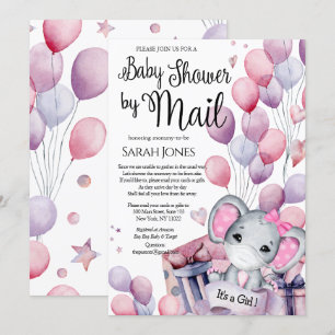 Invitation Fille Eléphant Ballons rose Baby shower par courri