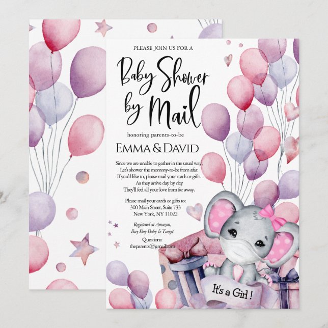 Invitation Fille Eléphant Ballons rose Baby shower par courri (Devant / Derrière)