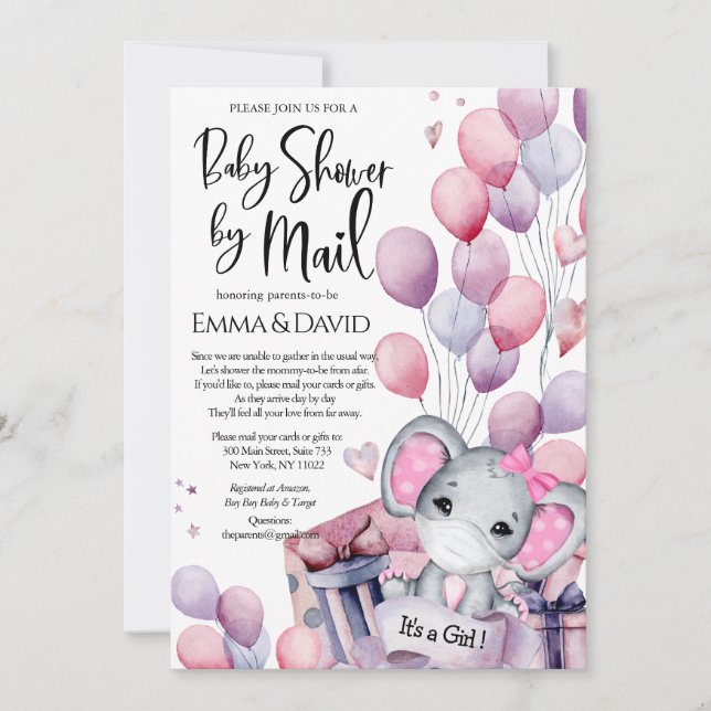 Invitation Fille Eléphant Ballons rose Baby shower par courri (Devant)