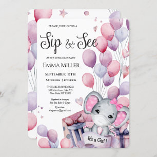 Invitation Fille Eléphant Ballons rose Bébé Sip et voir
