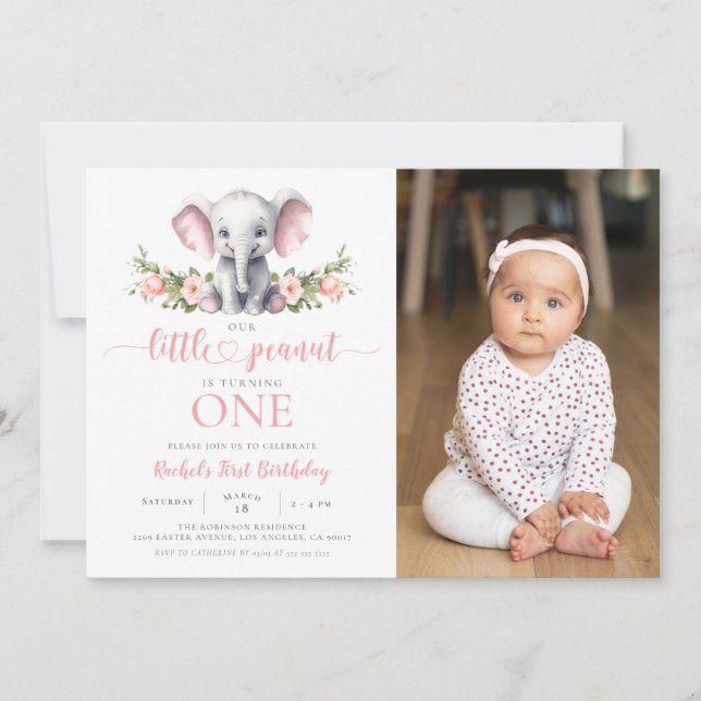 Invitation Fille Eléphant Rose Floral 1er Anniversaire Photo (Devant)