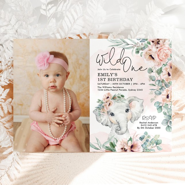 Invitation Fille Eléphant Wild One Blush Floral Photo Anniver (Créateur téléchargé)