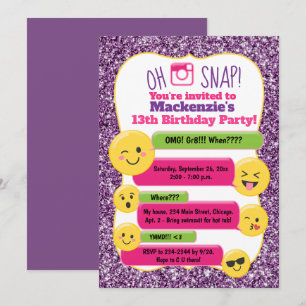 Invitation Fille Emoji Fête d'anniversaire Ado Tween Paillett