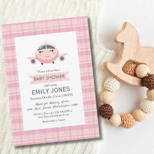 Invitation Fille en Avion Baby Shower Rose et Gris