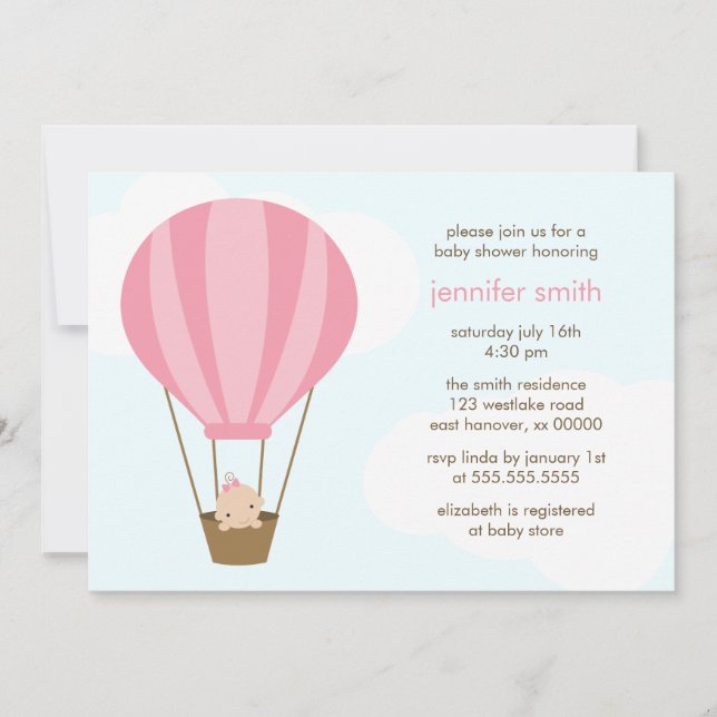 Invitation Fille en Baby shower de ballon rose (Devant)