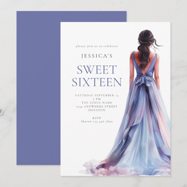 Invitation Fille en Lilac robe sucré 16 Anniversaire fête (Devant / Derrière)