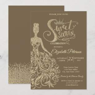 Invitation Fille en robe à paillettes dorées couronne, Diaman