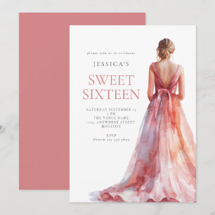 Invitation Fille en Robe Rose Sweet 16 Anniversaire Fête