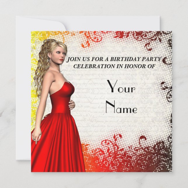 Invitation Fille en robe rouge fête d'anniversaire (Devant)