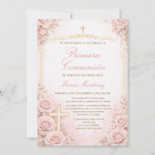 Invitation Fille espagnole florale pêche Primera Communión Cr