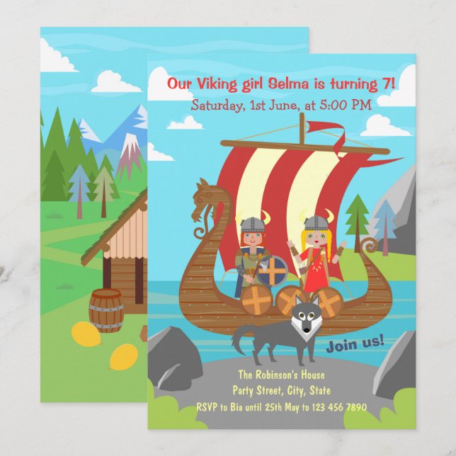 Invitation Fille et garçon viking sur bateau viking pour une  (Devant / Derrière)