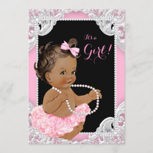 Invitation Fille ethnique Rose Perle Noire Baby Shower Fille