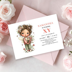 Invitation Fille Fée 7e Anniversaire Rose Floral Fantaisiste