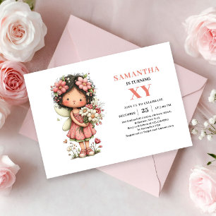 Invitation Fille Fée Fantaisiste 5ème Anniversaire Rose Pâle