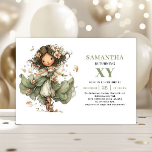 Invitation Fille Fée Magique 3e Anniversaire Floral Vert