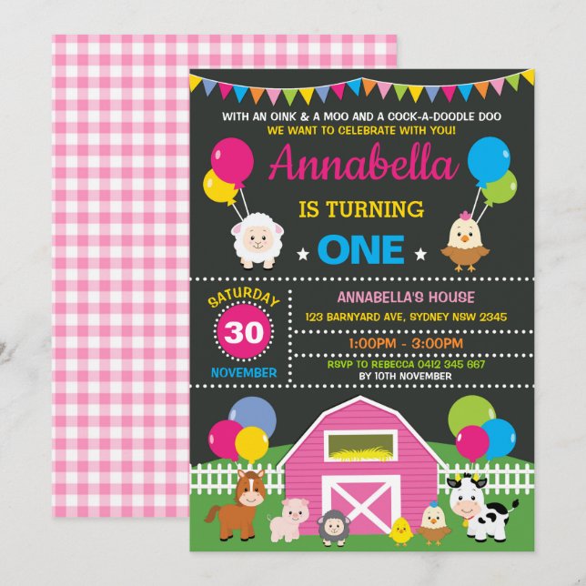 Invitation Fille ferme Barnyard Animaux rose fête d'anniversa (Devant / Derrière)