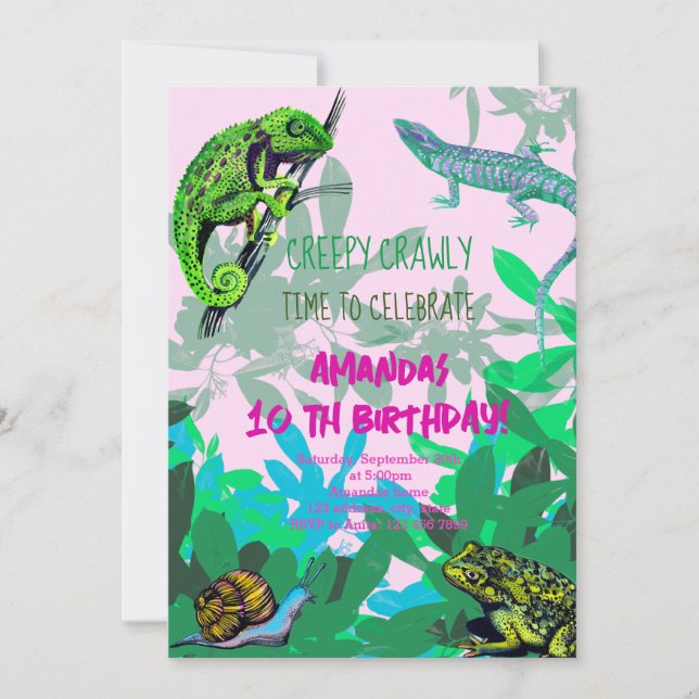 Invitation Fille fête d'anniversaire caméléon, lézard, grenou (Devant)