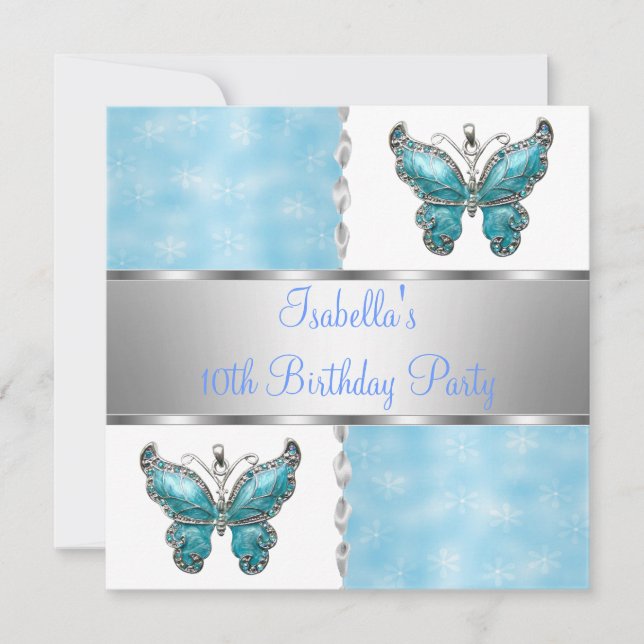 Invitation Fille Fête d'anniversaire papillon bleu blanc Fleu (Devant)