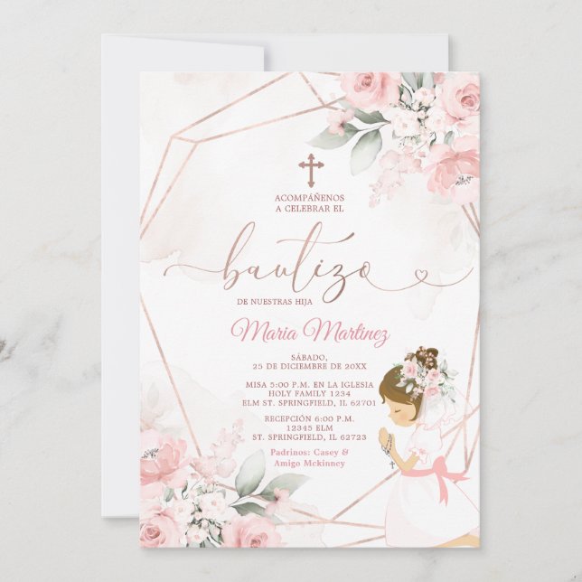 Invitation Fille Fiesta Rose Gold Mexicaine Bautizo rose Flor (Devant)