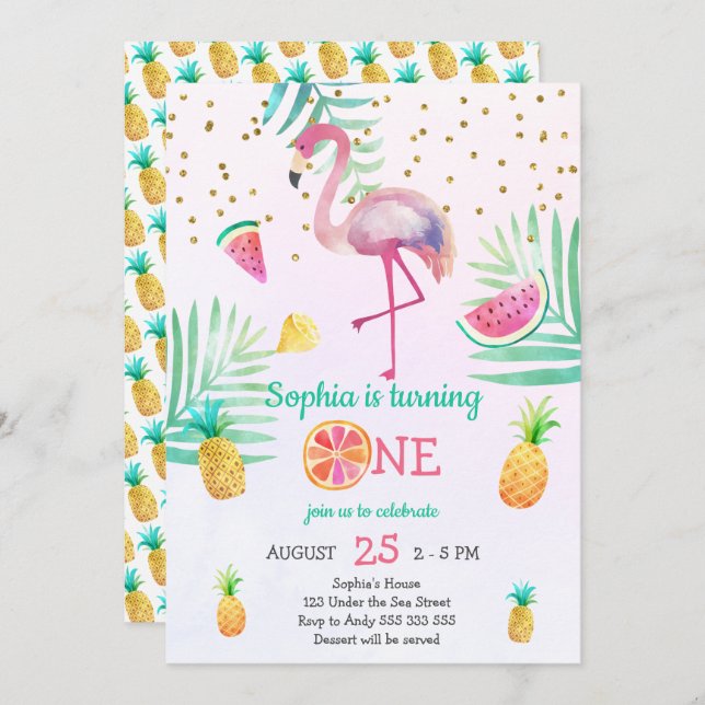 Invitation Fille Flamant rose 1er anniversaire Couleur d'eau  (Devant / Derrière)