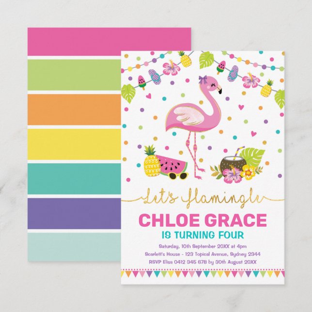 Invitation Fille Flamant rose Anniversaire Fête de la piscine (Devant / Derrière)