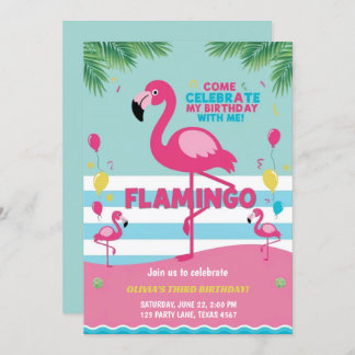 Invitation Fille Flamant rose rose Anniversaire