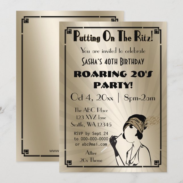 Invitation fille flapper art déco des années 20 (Devant / Derrière)